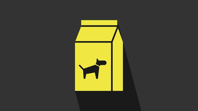 Yellow Bag of food for dog icon isolated on grey background. Food for animals. Pet food package. 4K Video motion graphic animation