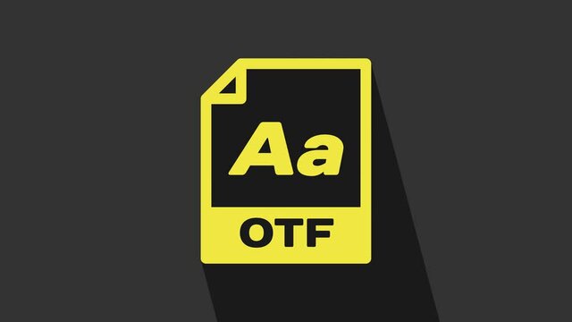 Yellow OTF file document. Download otf button icon isolated on grey background. OTF file symbol. 4K Video motion graphic animation