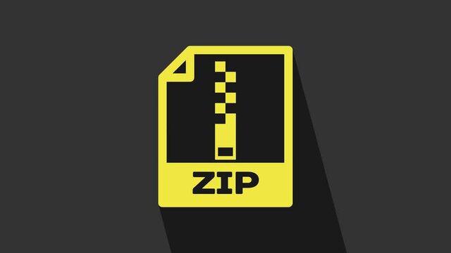 Yellow ZIP file document. Download zip button icon isolated on grey background. ZIP file symbol. 4K Video motion graphic animation