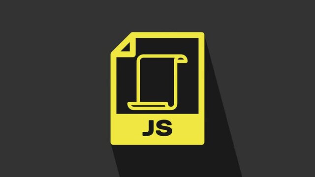 Yellow JS file document. Download js button icon isolated on grey background. JS file symbol. 4K Video motion graphic animation