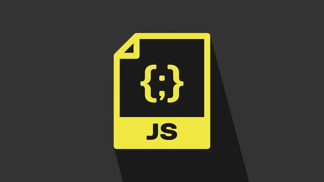 Yellow JS file document. Download js button icon isolated on grey background. JS file symbol. 4K Video motion graphic animation