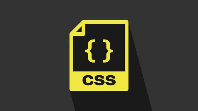 Yellow CSS file document. Download css button icon isolated on grey background. CSS file symbol. 4K Video motion graphic animation