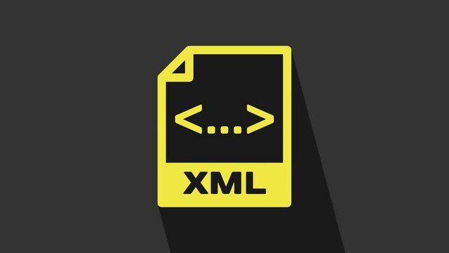 Yellow XML file document. Download xml button icon isolated on grey background. XML file symbol. 4K Video motion graphic animation