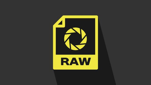 Yellow RAW file document. Download raw button icon isolated on grey background. RAW file symbol. 4K Video motion graphic animation