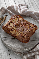 French mini chocolate cake with almonds. Bakery products. Sweet pastry.