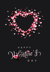Fototapeta na wymiar Valentine's Day greeting card with pink and red paper confetti hearts on black background. Vector symbols of love frame poster or romantic banner