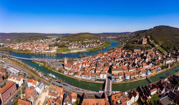 Germany, Baden-Wurttemberg, Wertheim am Main, Helicopter view of town located on confluence of rivers Tauber and Main in summer