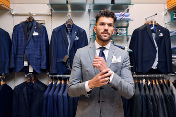 Portrait of man in gray suit in tailors boutique