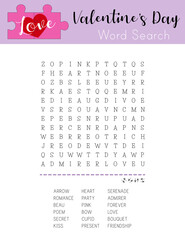 St. Valentine's Day word search puzzle. Educational game for learning English. Party card. Activity worksheet for kids and adults. Find hidden words about love. 