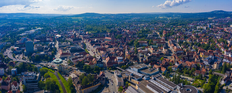 Aerial view of the old town of Bayreuth in Germany on a sunny day in spring.	