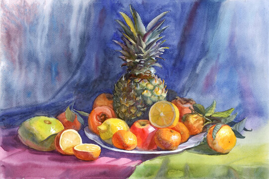 Watercolor Still life with tropical fruits. Fresh fruits and veggies, big composition with many citruses, apples and pineapple. Colorful background, posters, postcards, greetings, illustrations. 