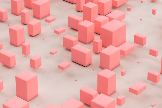 Three dimensional render of pink cuboids floating against gray background