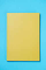 Green Leather notebook on paper blue background, notepad mock up, top view shot - obrazy, fototapety, plakaty