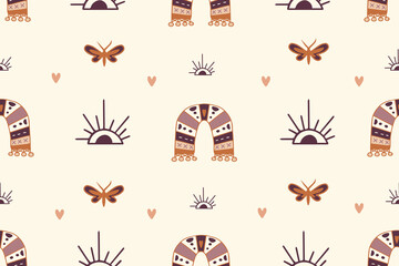 seamless pattern with rainbows and sun and eye, boho style night moth