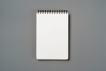 School notebook on a paper gray background, spiral notepad and craft cardboard pen