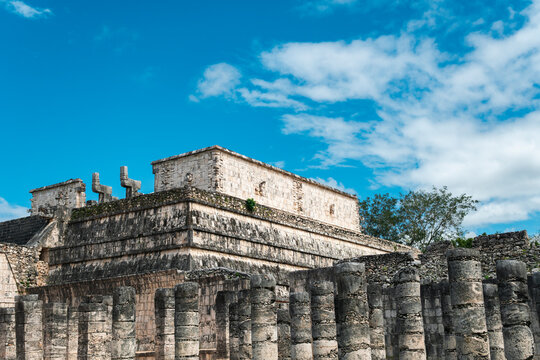 Mexico, Yucatan, Chichen Itza, Columns in ancient Mayan ruins