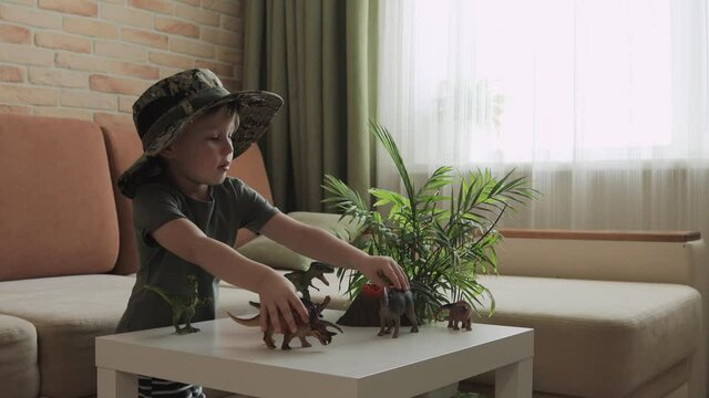 A boy plays with dinosaur figurines on the table. The little explorer in the hat. Medium shot.