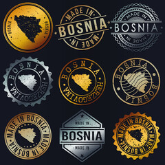 Bosnia and Herzegovina Map Metal Stamps. Gold Made In Product Seal. National Logo Icon. Symbol Design Insignia Country.
