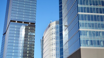 Fototapeta premium Glass facade of the buildings with a blue sky. Skyscrapers in the business city center.. Background of modern glass buildings. 