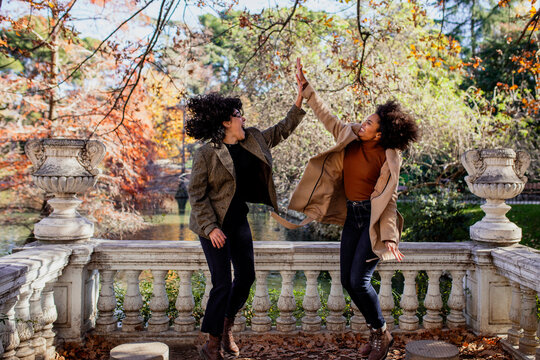 Carefree friends giving high-five while jumping at park