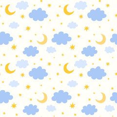 Seamless pattern with moon, stars and clouds.