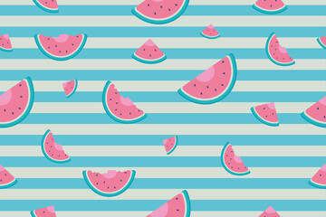 seamless pattern, with watermelon slices on a striped background, summer background
