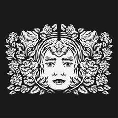 girl head surrounded by rose flower vector illustration