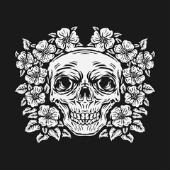 hand drawing skull surrounded by rose flower vector illustration