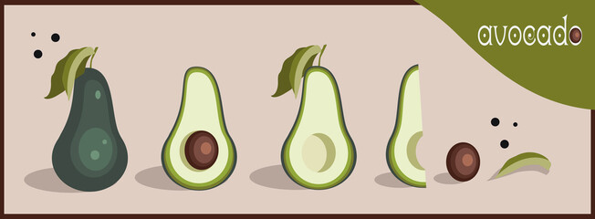 avokado, fruit with and without pits, whole and in section, a set of pictures