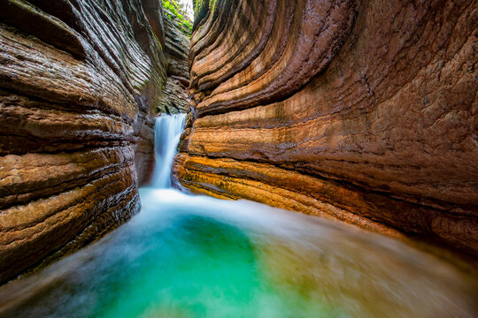 Long exposure of Taugl river flowing in Red Canyon, Austria