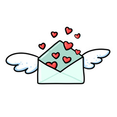 Illustation of cartoon love mail sending a heart symbols with cloudy wings on white isolated background