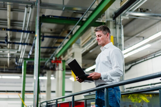 Mature male professional using laptop while standing in factory