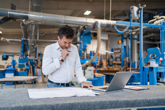 Portrait of carpenter examining documents in production hall