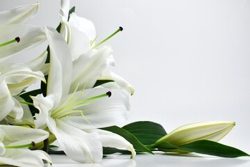 A bouquet of lilies on a white background lies. Mother's Day card, March 8, birthday.