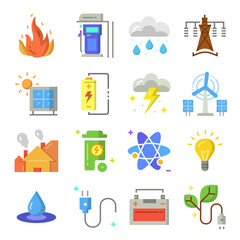 Set of Energy flat icon vector design. Includes wind energy, Hydro energy, Solar Cell energy, Factory and more.