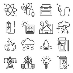 Set of Energy outline icon vector design. Includes wind energy, Hydro energy, Solar Cell energy, Factory and more.