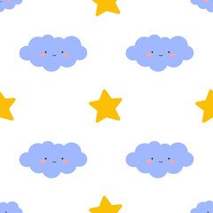 Seamless clouds smiling face pattern.  Vector design for paper, cover, wallpaper, 
fabric, textile, interior decor and other project.