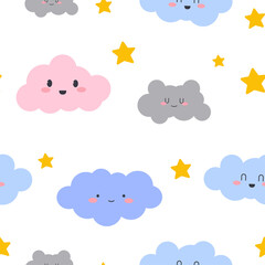 Seamless clouds smiling face pattern.  Vector design for paper, cover, wallpaper, 
fabric, textile, interior decor and other project.