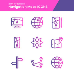 gradient icons set of maps navigation world, maps, destination and many more with outline vector style. perfect use for web pattern design etc.