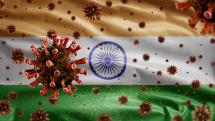 Tiranga indian flag waving with Coronavirus outbreak. Pandemic Covid 19 India