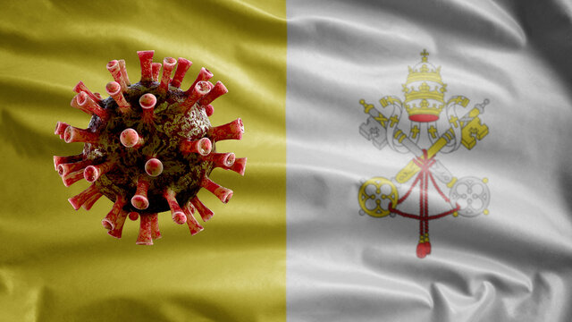Flu coronavirus floating over Holy See flag. Vatican City and pandemic Covid 19