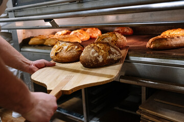 Male chef with pizza peel removing baked bread from oven at bakery