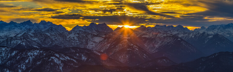 Alps aerial susnet, alps moutnain at winter snow.