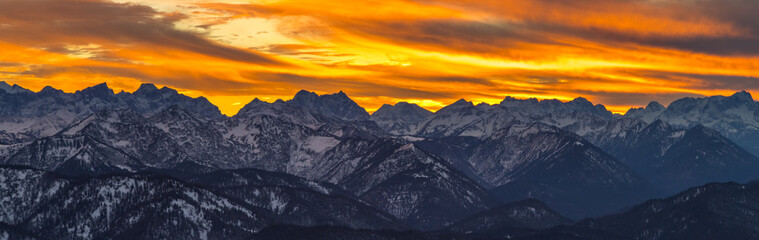 Alps panorama at sunset colored sky austria alps.