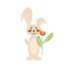 Greeting card with a cartoon hare for easter, spring illustration with a rabbit holding a flower in his hands, vector illustration in flat style