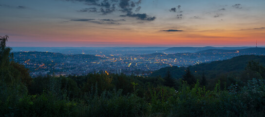 Stuttgart skyline aerial view froma bove at night