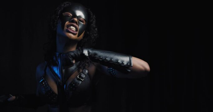 Angry superhero woman is showing the throat slitting gesture, cosplay, 4k
