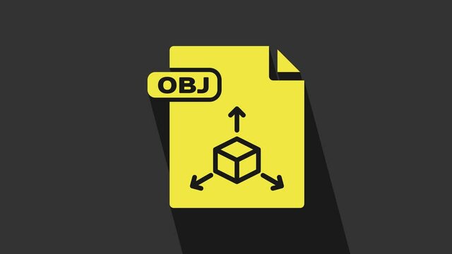 Yellow OBJ file document. Download obj button icon isolated on grey background. OBJ file symbol. 4K Video motion graphic animation
