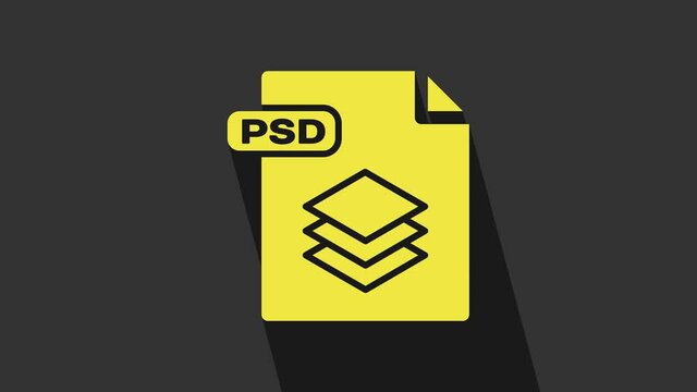 Yellow PSD file document. Download psd button icon isolated on grey background. PSD file symbol. 4K Video motion graphic animation