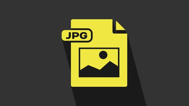 Yellow JPG file document. Download image button icon isolated on grey background. JPG file symbol. 4K Video motion graphic animation
